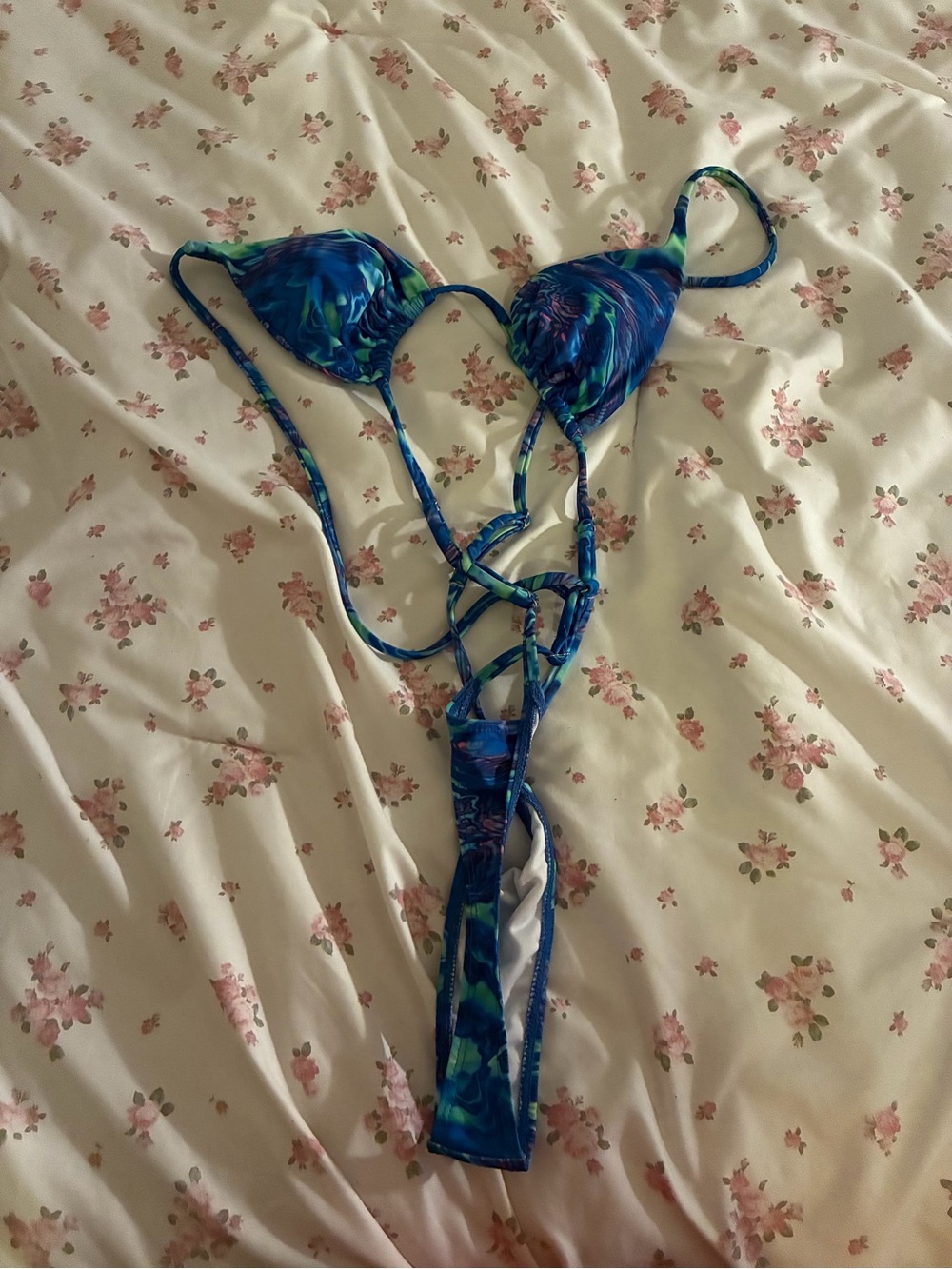 SHEIN Blue Green Floral Strappy Triangle Bikini Set
